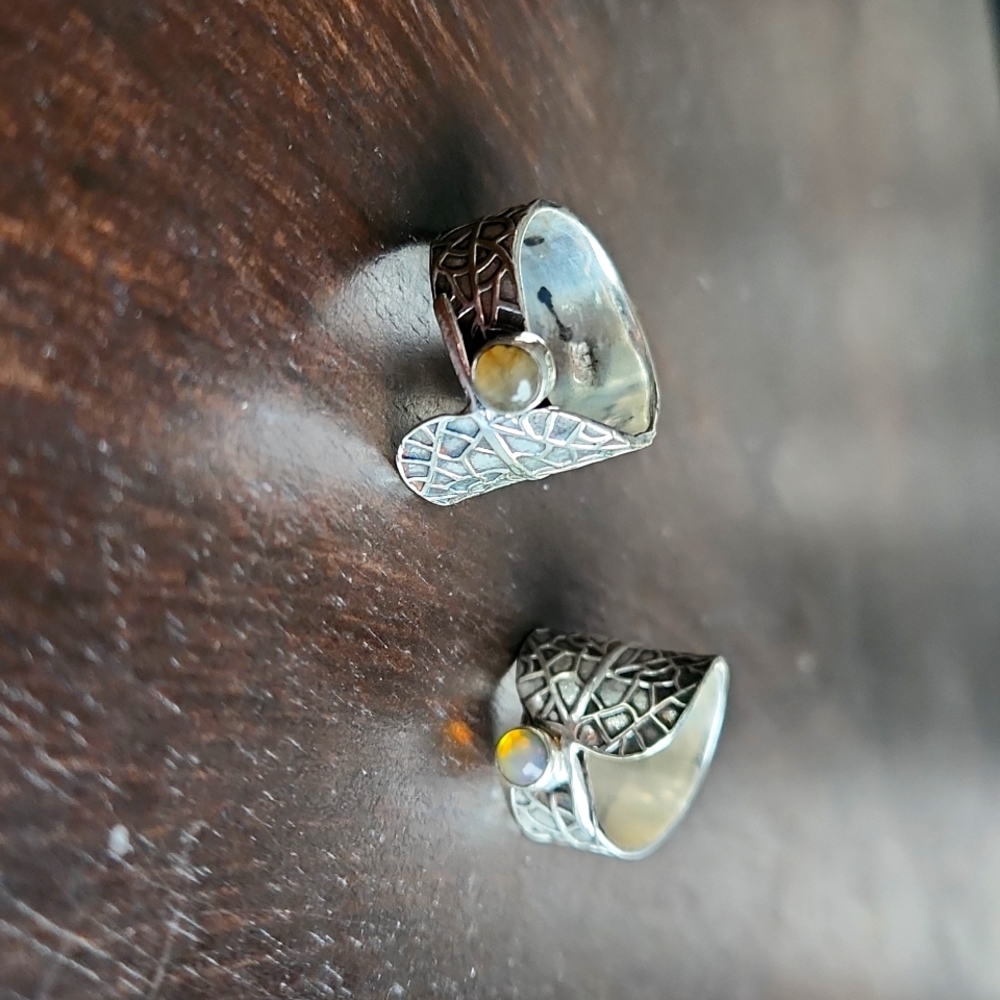 Opal & Labradorite Silver Leaf Rings